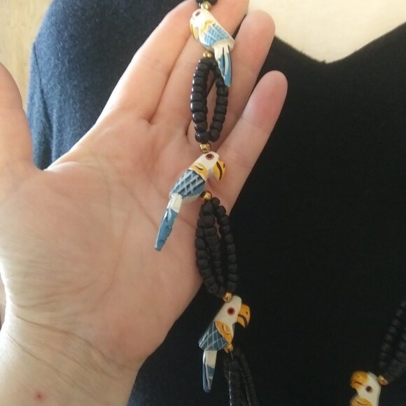 Vintage Hand Painted Wood Parrot Beaded Necklace  Fun Playful Boho Tropical - Picture 4 of 16